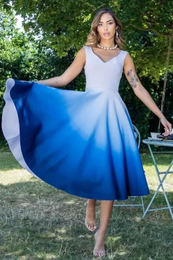 Ombre Scuba Foam Bardot A-Line Midi Dress - Light Blue by Goddiva
