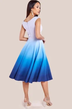 Ombre Scuba Foam Bardot A-Line Midi Dress - Light Blue by Goddiva
