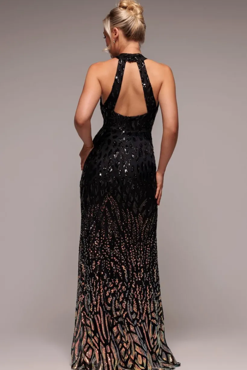 Ombre Sequin Halter Maxi With Thigh Split - Black by Goddiva