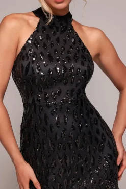 Ombre Sequin Halter Maxi With Thigh Split - Black by Goddiva