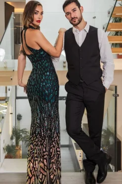 Ombre Sequin Halter Maxi Thigh Split - Emerald Green by Goddiva