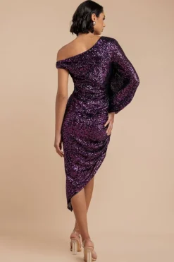 One Shoulder Asymmetric Midi Dress - Purple by Goddiva