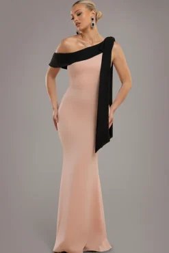 One Shoulder Contrast Bow Maxi Dress - Nude Black by Goddiva