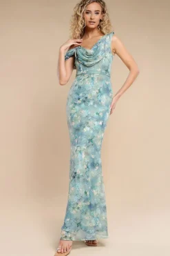 One Shoulder Cowl Neck Chiffon Floral Maxi Dress - Blue by Goddiva