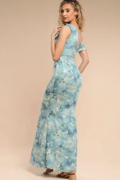 One Shoulder Cowl Neck Chiffon Floral Maxi Dress - Blue by Goddiva