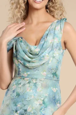 One Shoulder Cowl Neck Chiffon Floral Maxi Dress - Blue by Goddiva