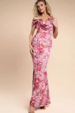 One Shoulder Cowl Neck Chiffon Floral Maxi Dress - Pink by Goddiva