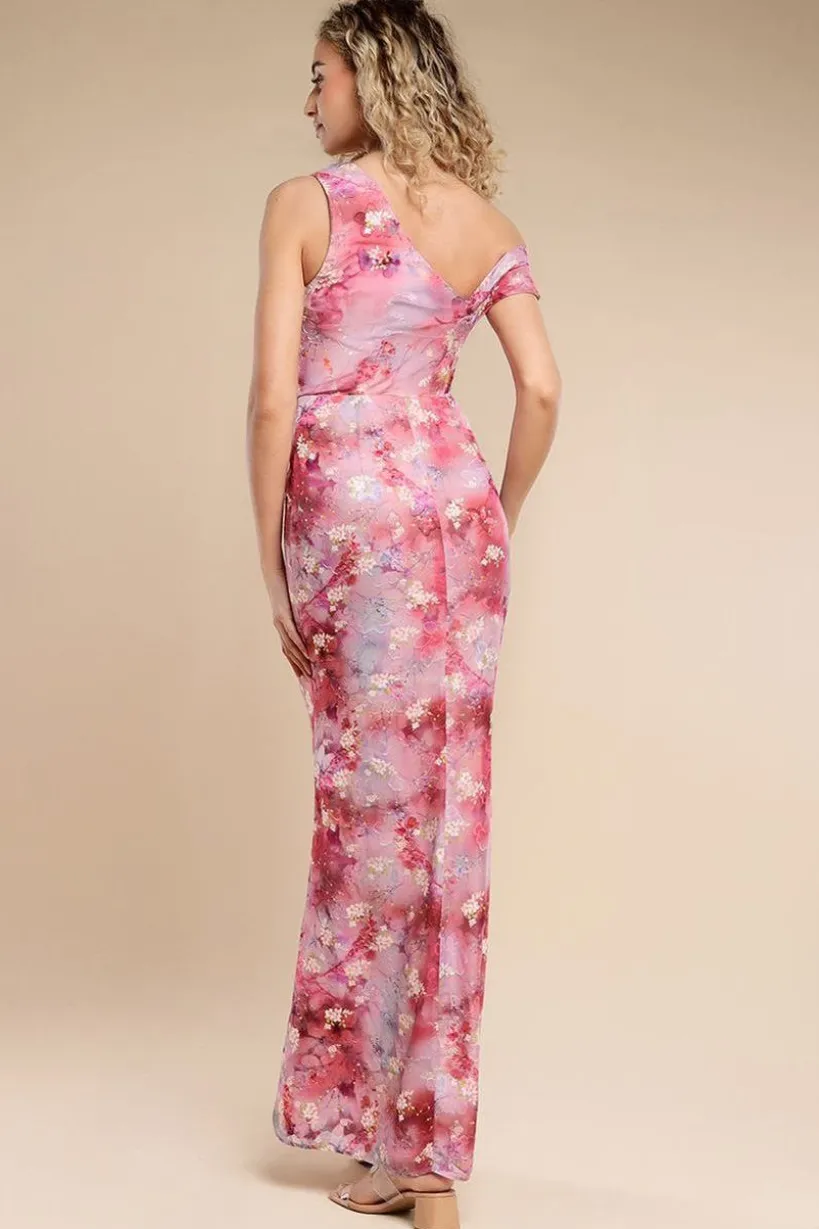 One Shoulder Cowl Neck Chiffon Floral Maxi Dress - Pink by Goddiva