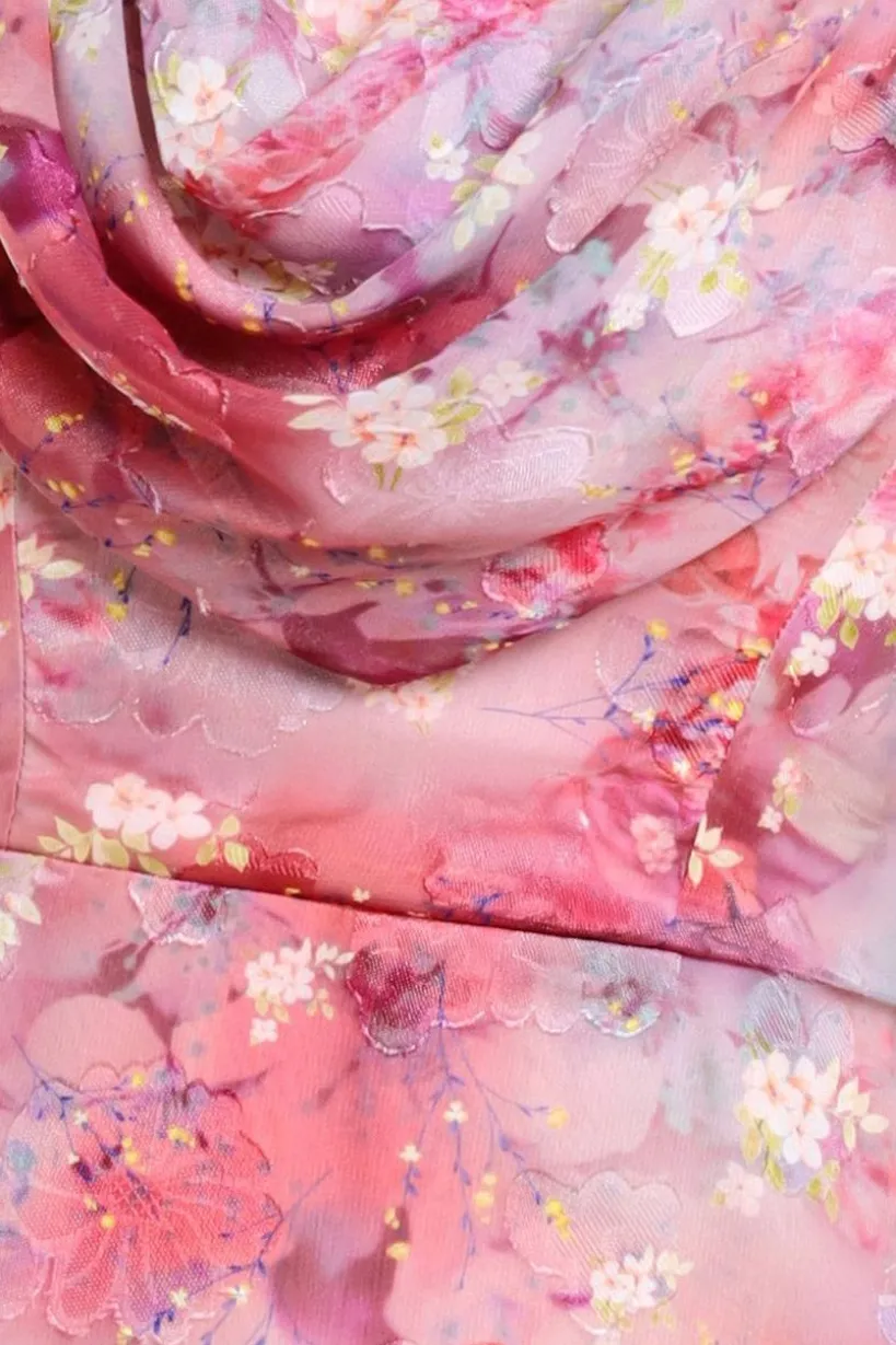 One Shoulder Cowl Neck Chiffon Floral Maxi Dress - Pink by Goddiva