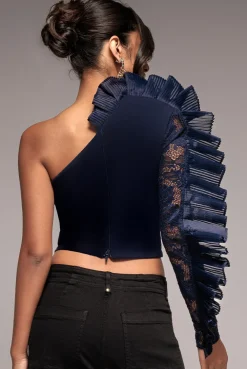 One Shoulder Fan Pleat Frill Corset Top - Navy Blue by Goddiva