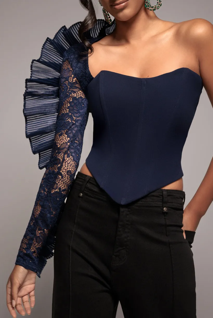 One Shoulder Fan Pleat Frill Corset Top - Navy Blue by Goddiva