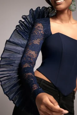 One Shoulder Fan Pleat Frill Corset Top - Navy Blue by Goddiva