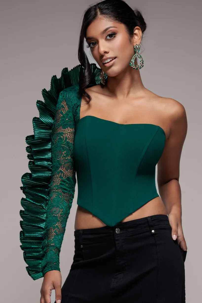One Shoulder Fan Pleat Frill Corset Top - Emerald Green by Goddiva