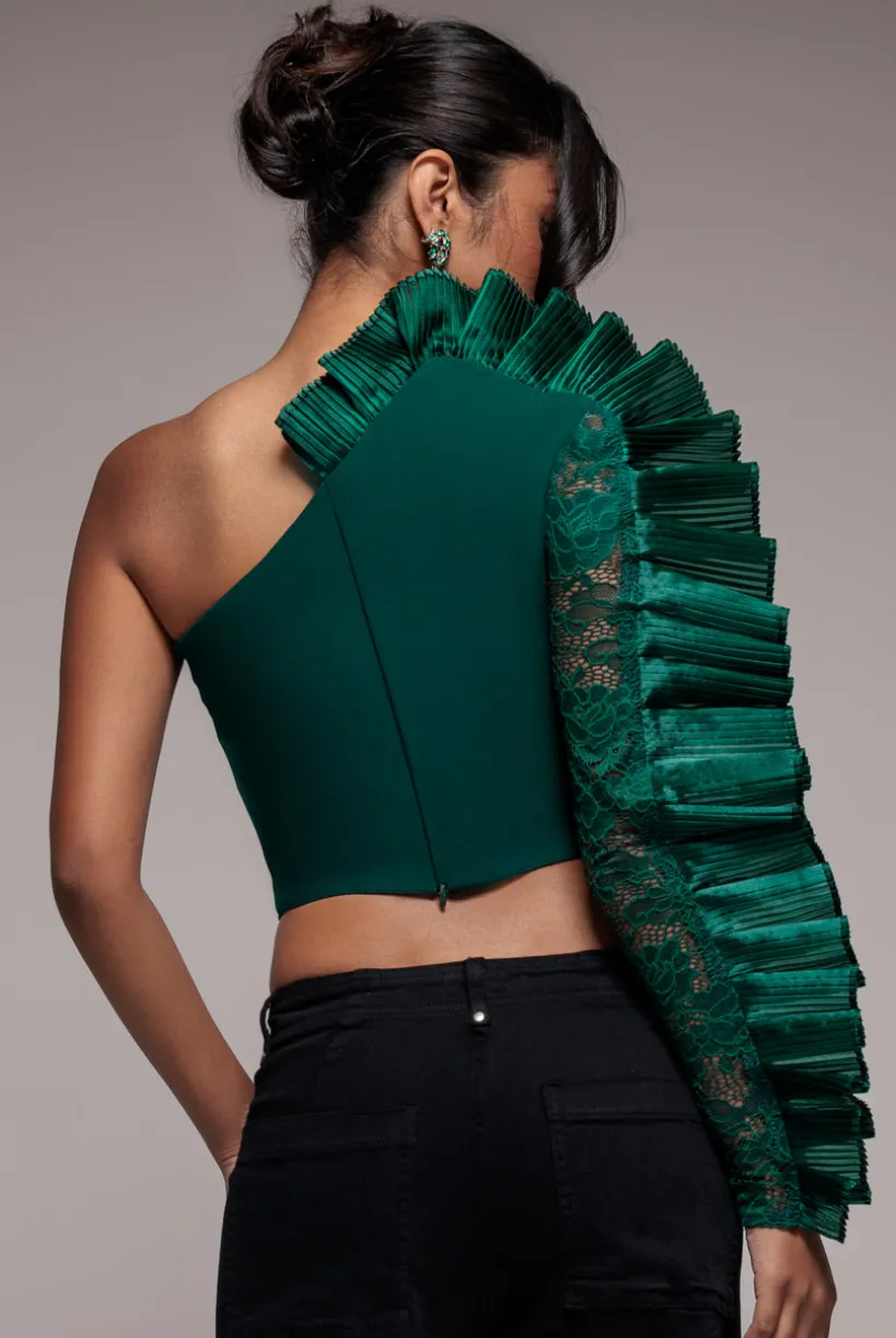 One Shoulder Fan Pleat Frill Corset Top - Emerald Green by Goddiva