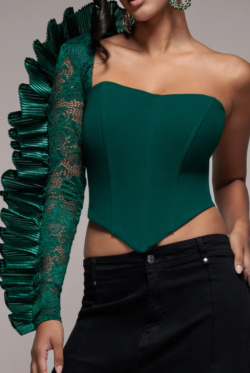 One Shoulder Fan Pleat Frill Corset Top - Emerald Green by Goddiva