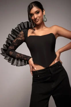 One Shoulder Fan Pleat Frill Corset Top - Black by Goddiva