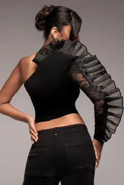 One Shoulder Fan Pleat Frill Corset Top - Black by Goddiva
