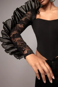 One Shoulder Fan Pleat Frill Corset Top - Black by Goddiva