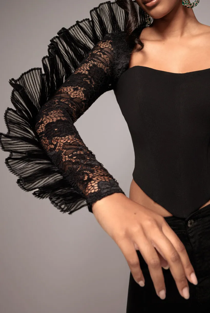 One Shoulder Fan Pleat Frill Corset Top - Black by Goddiva