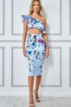One Shoulder Floral Crop Top - Light Blue by Goddiva