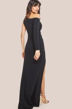 One Shoulder Front Split Scuba Maxi Dress - Black by Goddiva