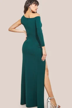 One Shoulder Front Split Scuba Maxi - Emerald Green by Goddiva