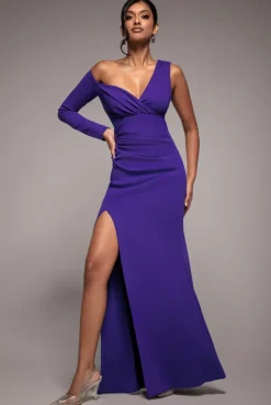 One Shoulder Front Split Scuba Maxi - Purple by Goddiva