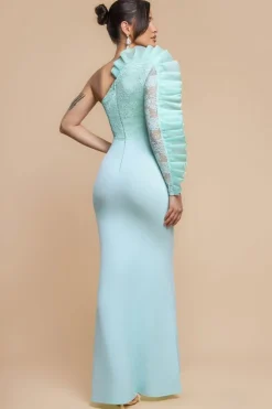 One Shoulder Organza Fan Detail Lace Bodice Maxi Dress - Mint Green by Goddiva