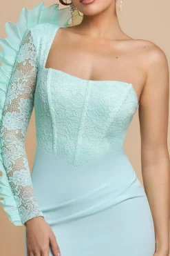 One Shoulder Organza Fan Detail Lace Bodice Maxi Dress - Mint Green by Goddiva