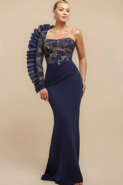 One Shoulder Organza Fan Detail Lace Bodice Maxi Dress - Navy Blue by Goddiva