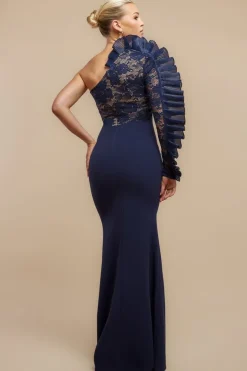 One Shoulder Organza Fan Detail Lace Bodice Maxi Dress - Navy Blue by Goddiva