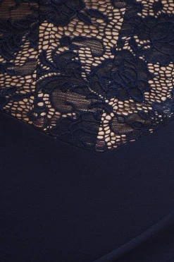 One Shoulder Organza Fan Detail Lace Bodice Maxi Dress - Navy Blue by Goddiva