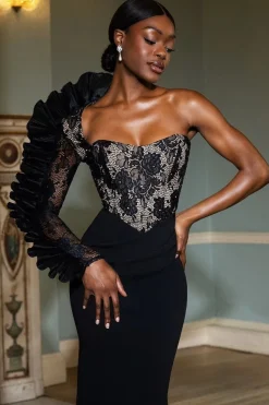 One Shoulder Organza Fan Detail Lace Bodice Midi Dress - Black by Goddiva