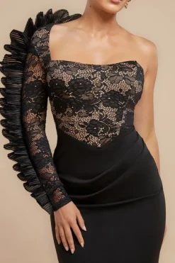 One Shoulder Organza Fan Detail Lace Bodice Midi Dress - Black by Goddiva