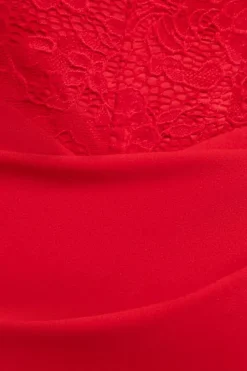 One Shoulder Organza Fan Detail Lace Bodice Midi Dress - Red by Goddiva