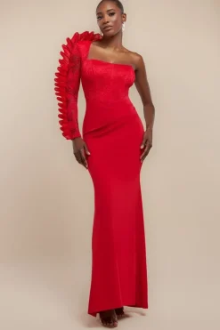 One Shoulder Organza Fan Detail Lace Bodice Maxi Dress - Red by Goddiva