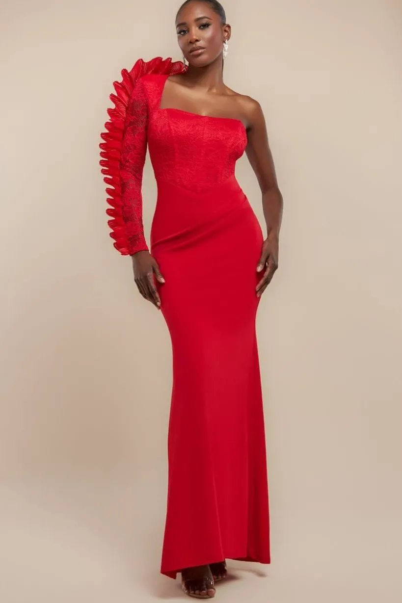 One Shoulder Organza Fan Detail Lace Bodice Maxi Dress - Red by Goddiva
