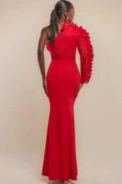 One Shoulder Organza Fan Detail Lace Bodice Maxi Dress - Red by Goddiva