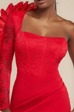 One Shoulder Organza Fan Detail Lace Bodice Maxi Dress - Red by Goddiva