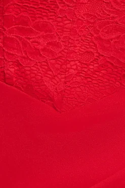 One Shoulder Organza Fan Detail Lace Bodice Maxi Dress - Red by Goddiva
