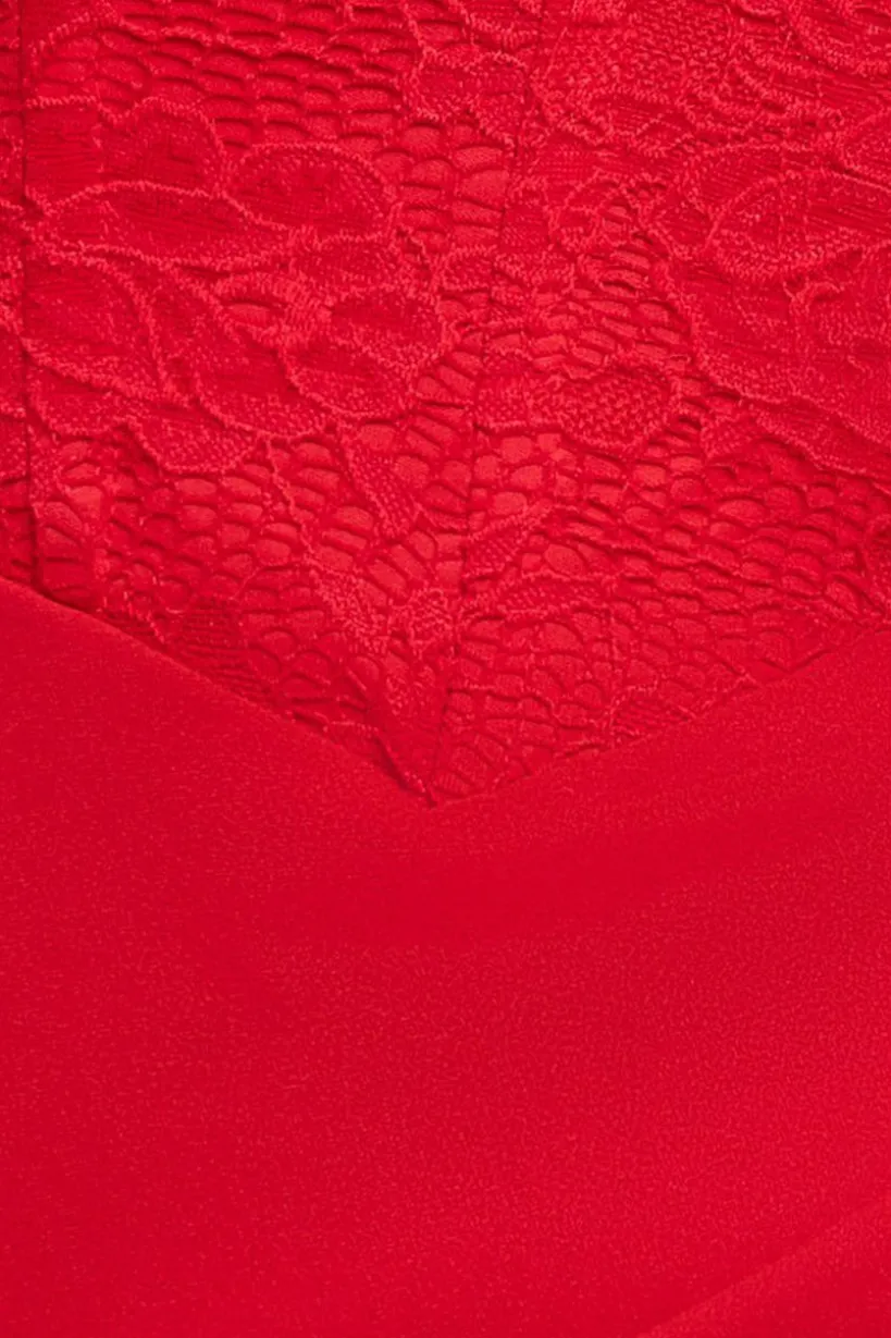 One Shoulder Organza Fan Detail Lace Bodice Maxi Dress - Red by Goddiva