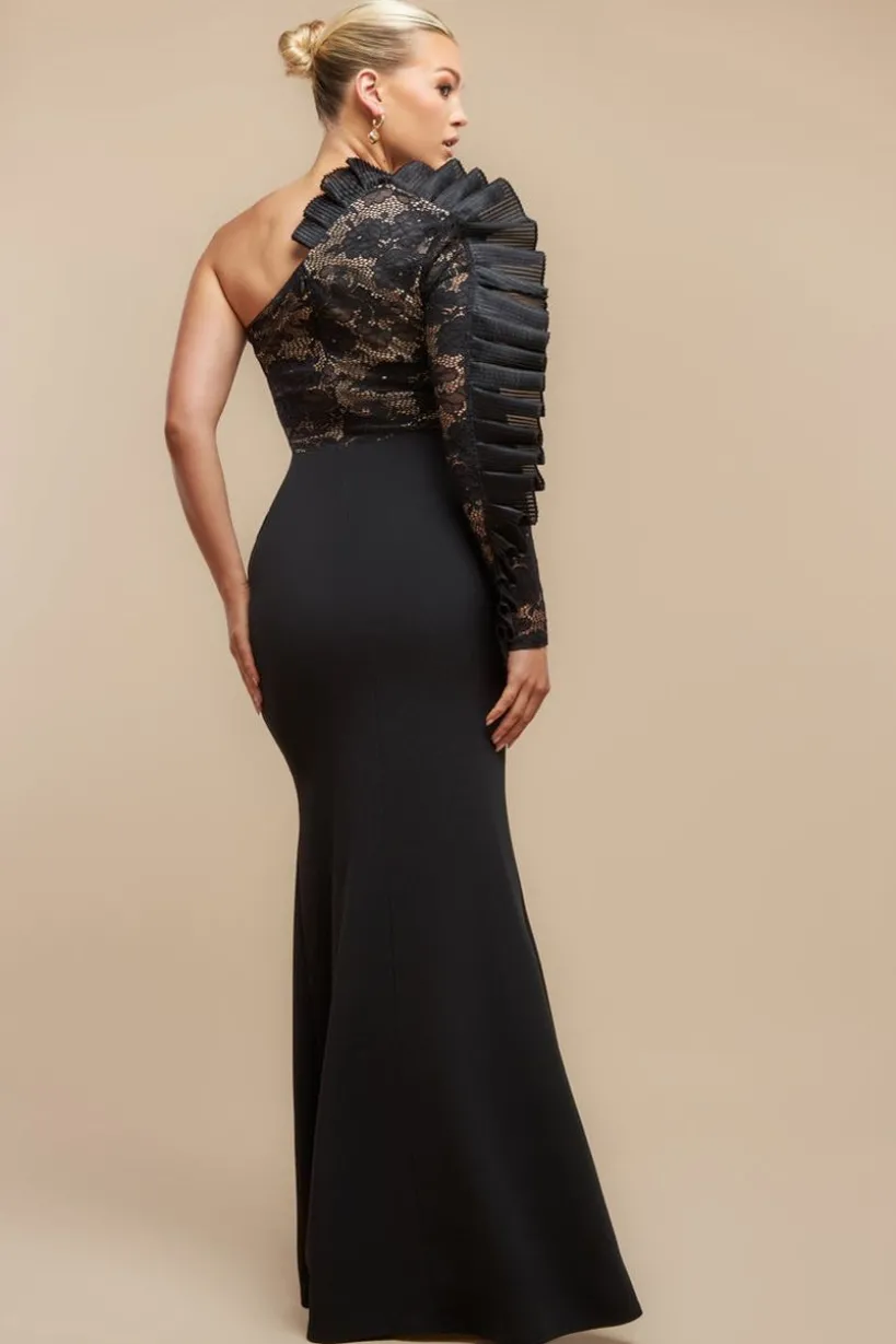 One Shoulder Organza Fan Detail Lace Bodice Maxi Dress - Black by Goddiva