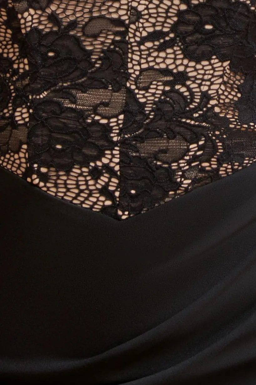 One Shoulder Organza Fan Detail Lace Bodice Maxi Dress - Black by Goddiva