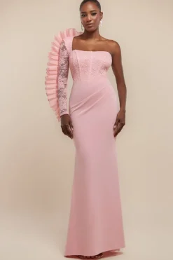 One Shoulder Organza Fan Detail Lace Bodice Maxi Dress - Blush Pink by Goddiva