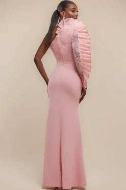 One Shoulder Organza Fan Detail Lace Bodice Maxi Dress - Blush Pink by Goddiva