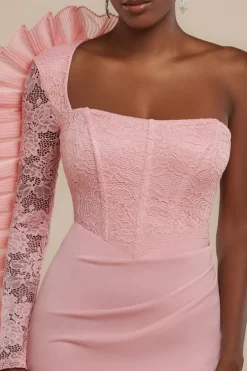 One Shoulder Organza Fan Detail Lace Bodice Maxi Dress - Blush Pink by Goddiva