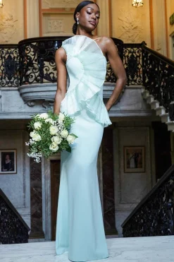 One Shoulder Pleated Fan Maxi Dress - Mint Green by Goddiva