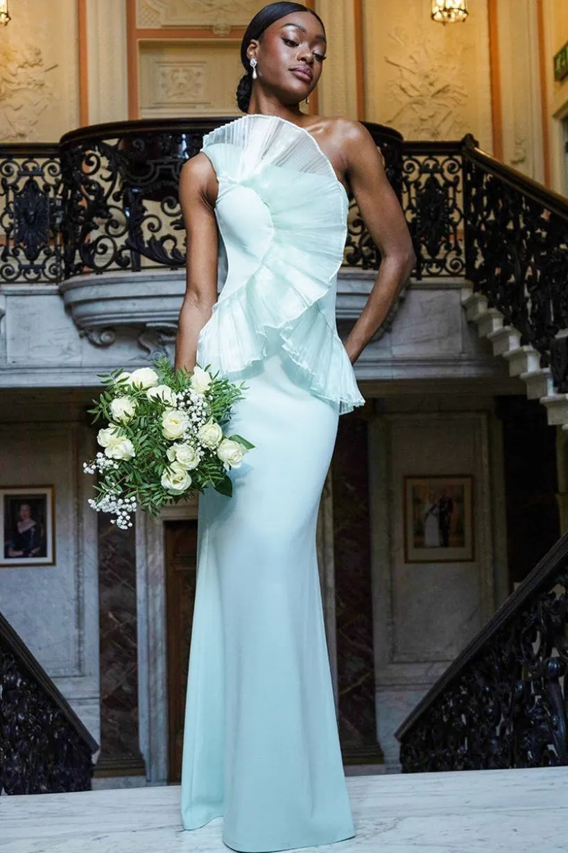 One Shoulder Pleated Fan Maxi Dress - Mint Green by Goddiva