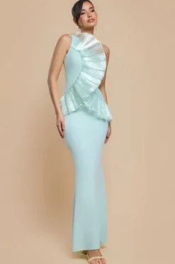 One Shoulder Pleated Fan Maxi Dress - Mint Green by Goddiva