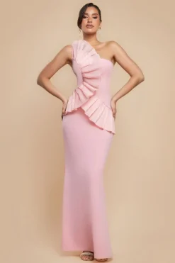 One Shoulder Pleated Fan Maxi Dress - Blush Pink by Goddiva